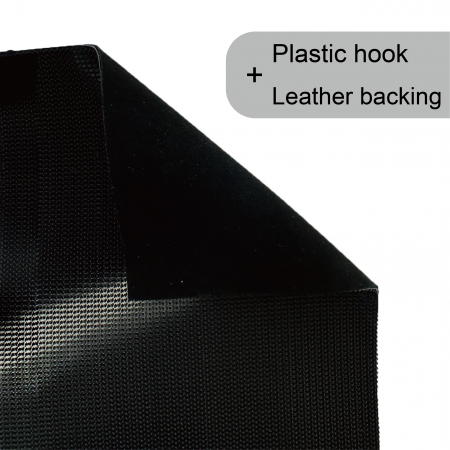 Plastic hook + Leather backing - Bespoke back to back fasteners is one face with hook or loop, the other face covered by exquisite backing.